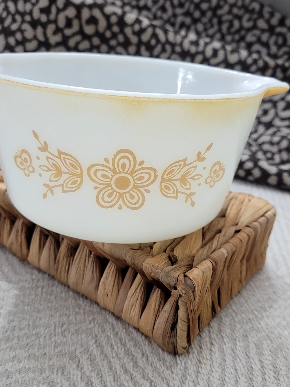 White Milk Glass Serving Bowl with Gold Floral Pattern